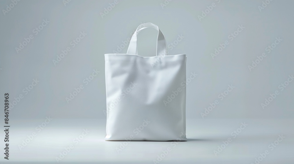 Plain white tote bag mockup stands upright on minimalistic surface. Practicality and versatility. Recycled blank bag template advertising image. Totebag mock up product photorealistic Plain white tote bag mockup stands upright on minimalistic surface. Practicality and versatility. Recycled blank bag template advertising image. Totebag mock up product photorealistic