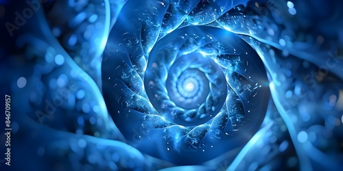 A vibrant blue spiral pattern with intricate fractal designs expanding outward. Concept Fractal Art, Blue Spiral Pattern, Intricate Designs, Vibrant Colors, Expansion