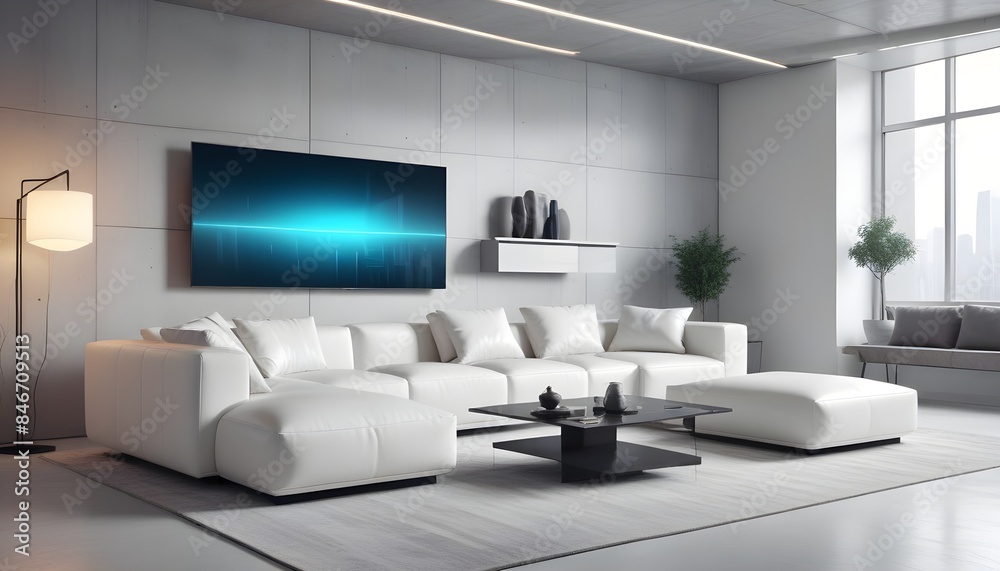 High end modern living room with white leather couch and a large flat screen tv mounted on the wall, brutalist architecture mixed with modern futuristic minimal design High end modern living room with white leather couch and a large flat screen tv mounted on the wall, brutalist architecture mixed with modern futuristic minimal design