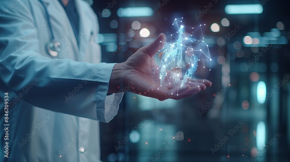 Businessman Engaging with Futuristic Medical Interface: 3D Render