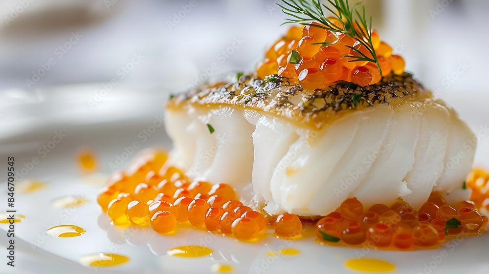 Professional food photography, a mouthwatering fillet of fragrant cod, generously topped with creamy mozzarella cheese and delicate red caviar, showcased on a simple yet elegant white plate Professional food photography, a mouthwatering fillet of fragrant cod, generously topped with creamy mozzarella cheese and delicate red caviar, showcased on a simple yet elegant white plate