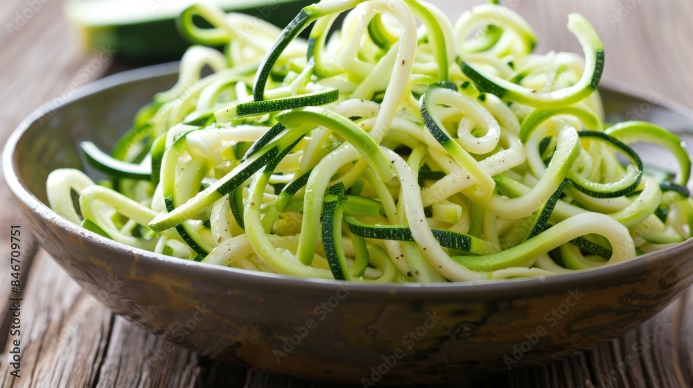 Fresh zucchini noodles in a rustic bowl on wooden background Fresh zucchini noodles in a rustic bowl on wooden background
