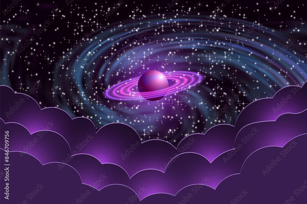 Fototapeta premium Vector space futuristic poster. Purple Saturn against the backdrop of a starry sky and a spiral galaxy with stylistically glowing clouds. Abstract galaxy or universe