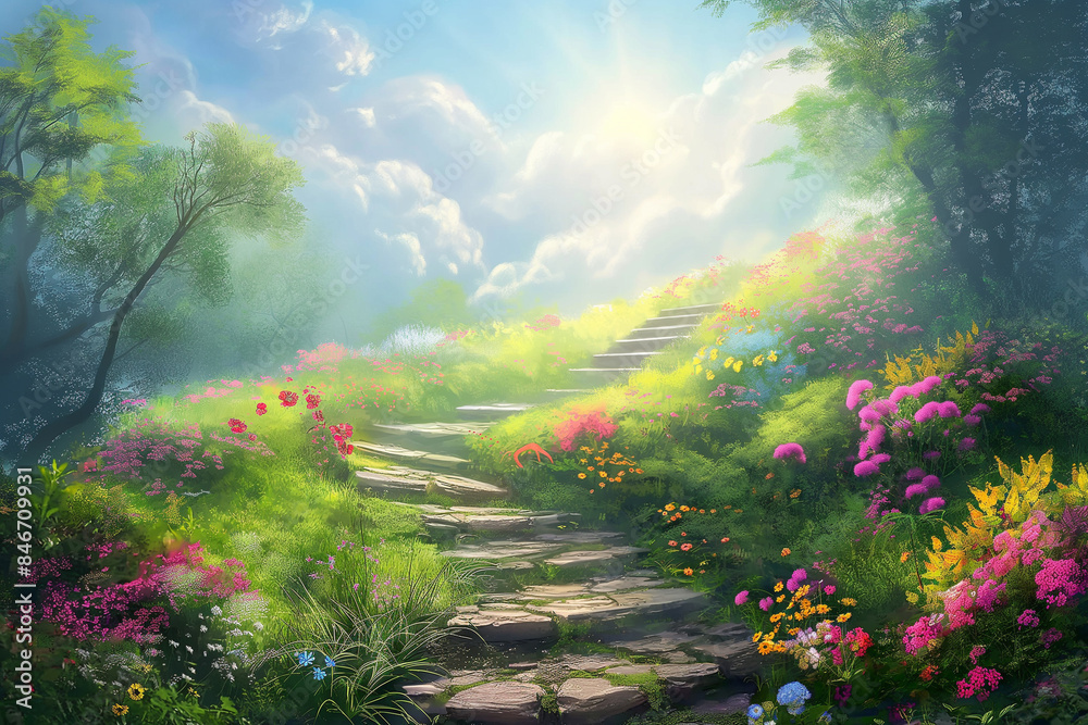 Beautiful stairs to heaven, with flowers and grass
