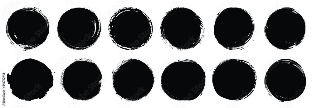 Set of black grunge circles shapes on a white background. Paint brush stamp collection. Vector brush circle. Grunge round shape.