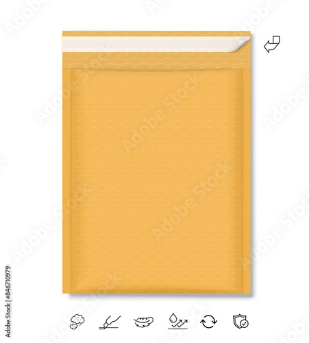 Kraft bubble mailer padded envelope shipping bag mockup.  Vector illustration isolated on white background. Ready for your design. EPS10.