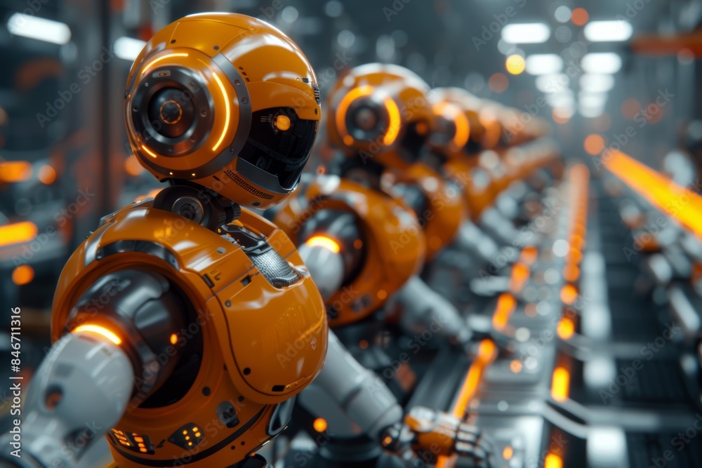 Robotic assembly line with advanced orange robots in futuristic factory