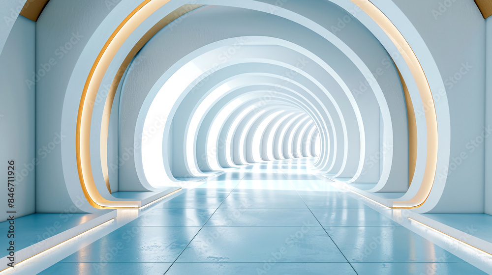 Futuristic arched corridor with glowing lights and reflective floors, creating a modern, sleek pathway design. Futuristic arched corridor with glowing lights and reflective floors, creating a modern, sleek pathway design.