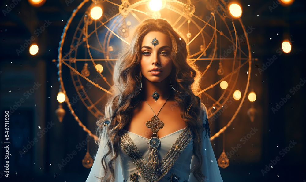 Beautiful woman in a costume symbolizing the astrological zodiac sign Libra Beautiful woman in a costume symbolizing the astrological zodiac sign Libra