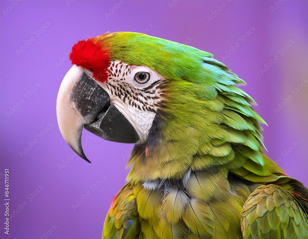 Fototapeta premium Create a professional, 4K Ultra HD image of a vibrant, multicolored parrot with a detailed red beak against a soft-focus purple background, embodying the essence of tropical wildlife.