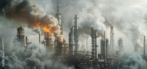 Witness the ominous presence of industrialization with a photograph bearing a massive fossil fuel industrial facility, surrounded by thick, ominous smoke that. photo