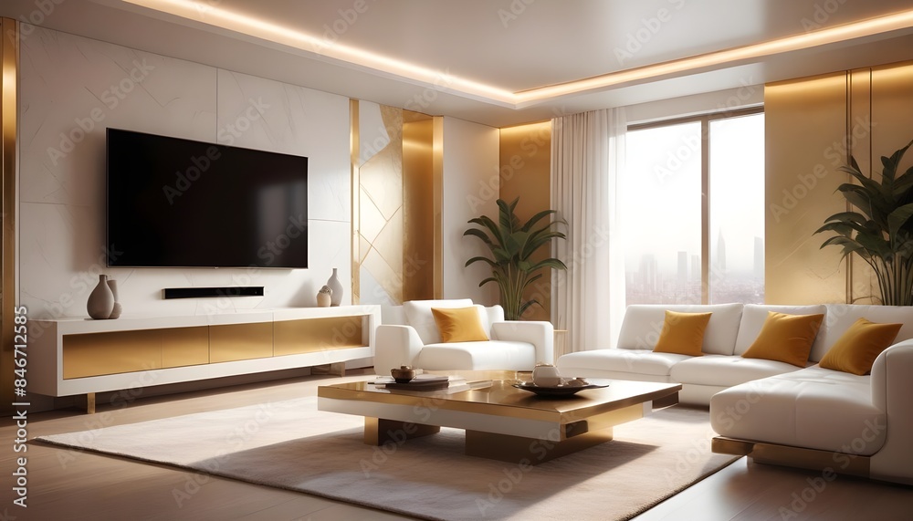 High end modern living room with white leather couch and a large flat screen tv mounted on the wall, brutalist architecture mixed with modern futuristic minimal design