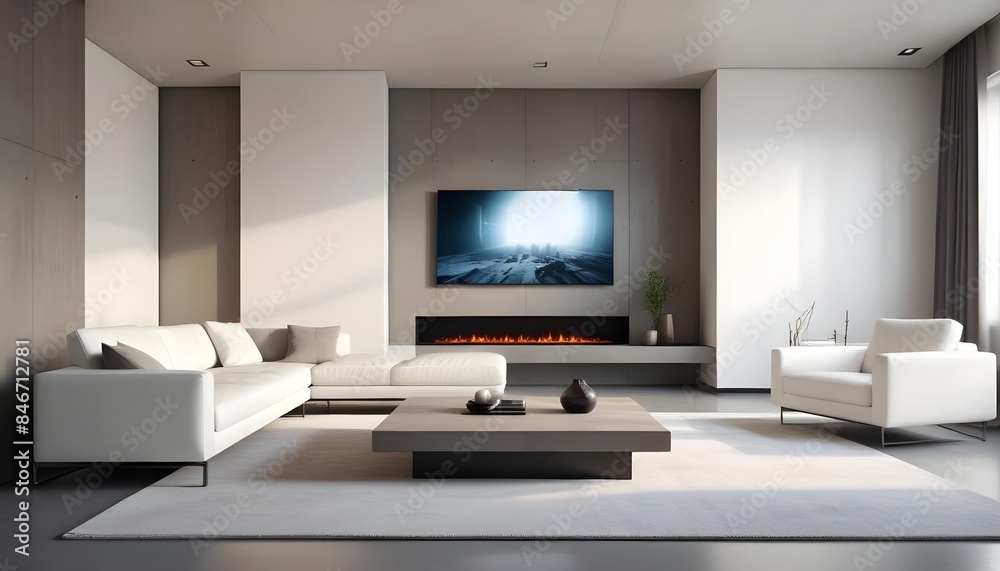 High end modern living room with white leather couch and a large flat screen tv mounted on the wall, brutalist architecture mixed with modern futuristic minimal design High end modern living room with white leather couch and a large flat screen tv mounted on the wall, brutalist architecture mixed with modern futuristic minimal design