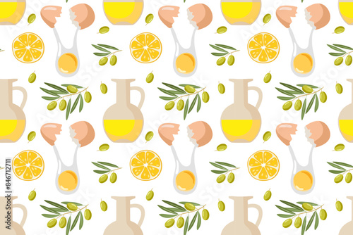 Olive Mayonnaise. Seamless pattern with Ingredients for making mayonnaise sauce. Mayonnaise recipe. Hand drawn doodle vector Food template for menu, wallpaper, wrapping, textile, scrapbooking