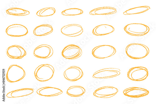 Yellow doodle crayon, pencil hand drawn oval circles. Grunge ovals and circles for highlighting 