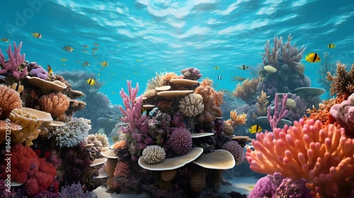 Fototapeta Naklejka Na Ścianę i Meble -  Beautiful underwater scenery with various types of fish and coral reefs Generative AI