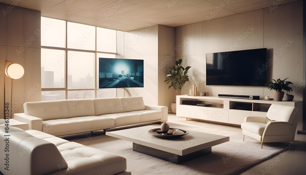 High end modern living room with white leather couch and a large flat screen tv mounted on the wall, brutalist architecture mixed with modern futuristic minimal design