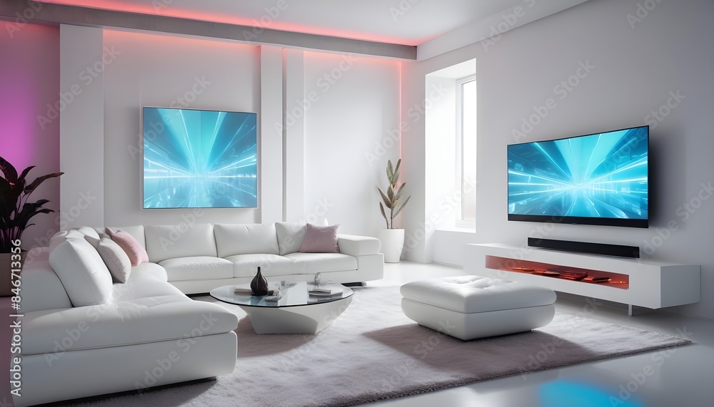 High end modern living room with white leather couch and a large flat screen tv mounted on the wall, brutalist architecture mixed with modern futuristic minimal design High end modern living room with white leather couch and a large flat screen tv mounted on the wall, brutalist architecture mixed with modern futuristic minimal design