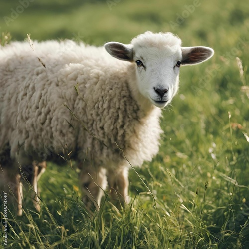 AI generated illustration of a young lamb standing in a lush green field on a sunny day