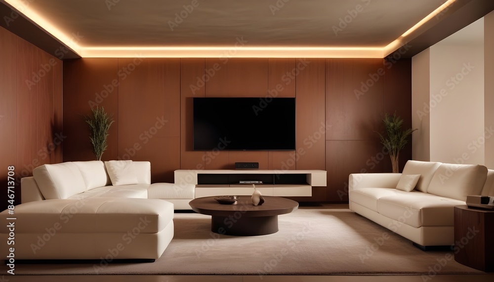 High end modern living room with white leather couch and a large flat screen tv mounted on the wall, brutalist architecture mixed with modern futuristic minimal design High end modern living room with white leather couch and a large flat screen tv mounted on the wall, brutalist architecture mixed with modern futuristic minimal design