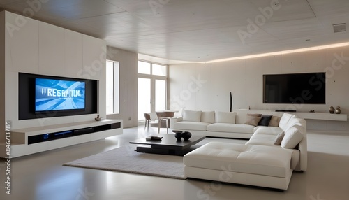 High end modern living room with white leather couch and a large flat screen tv mounted on the wall, brutalist architecture mixed with modern futuristic minimal design