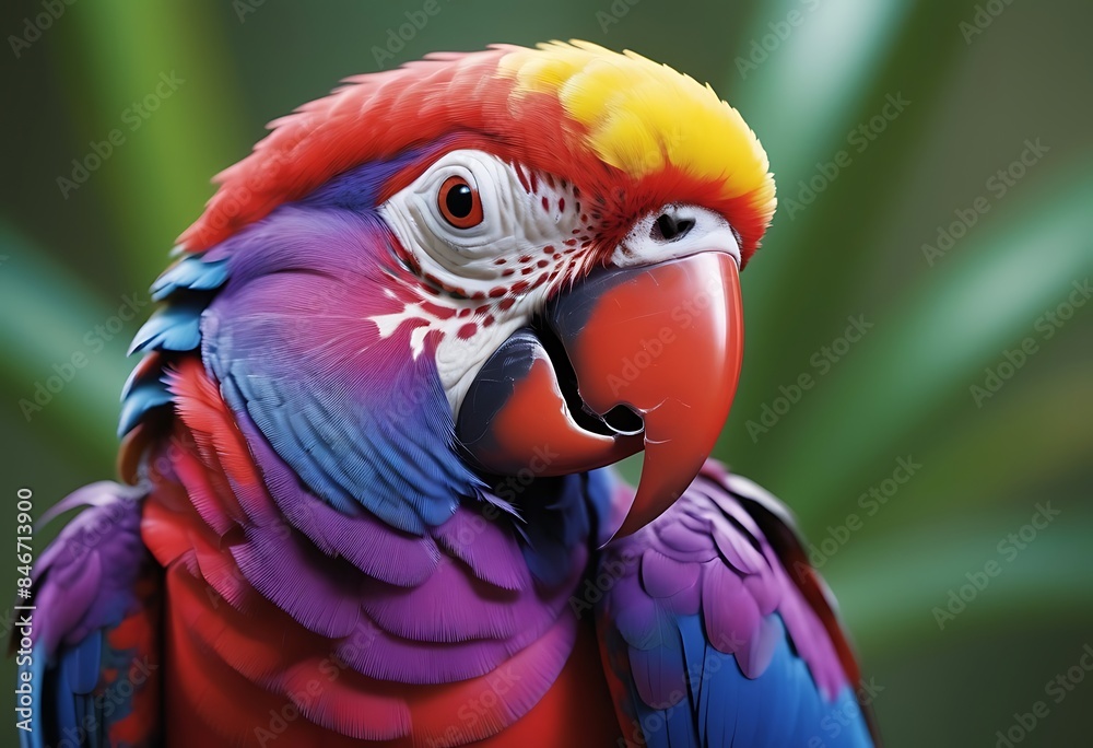 Fototapeta premium Create a professional, 4K Ultra HD image of a vibrant, multicolored parrot with a detailed red beak against a soft-focus purple background, embodying the essence of tropical wildlife.