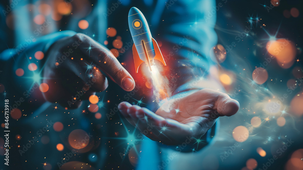 Business and startup concept. Entrepreneur holding virtual hologram rocket. Entrepreneur investing in new business. Business and startup concept. Entrepreneur holding virtual hologram rocket. Entrepreneur investing in new business.