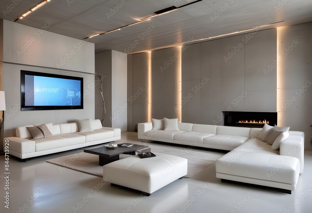 High end modern living room with white leather couch and a large flat screen tv mounted on the wall, brutalist architecture mixed with modern futuristic minimal design High end modern living room with white leather couch and a large flat screen tv mounted on the wall, brutalist architecture mixed with modern futuristic minimal design