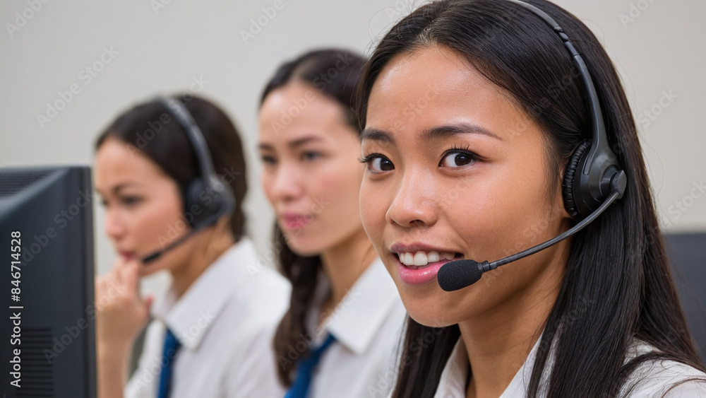 Asian female call center operator talking to a customer via headset Asian female call center operator talking to a customer via headset