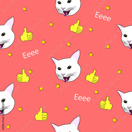 Pattern (infinite picture) of a meme with a cat - a white cat is happy (eeee). The illustration is made in pastel colours. The picture conveys a joke, humour, joy, pleasure, surprise.