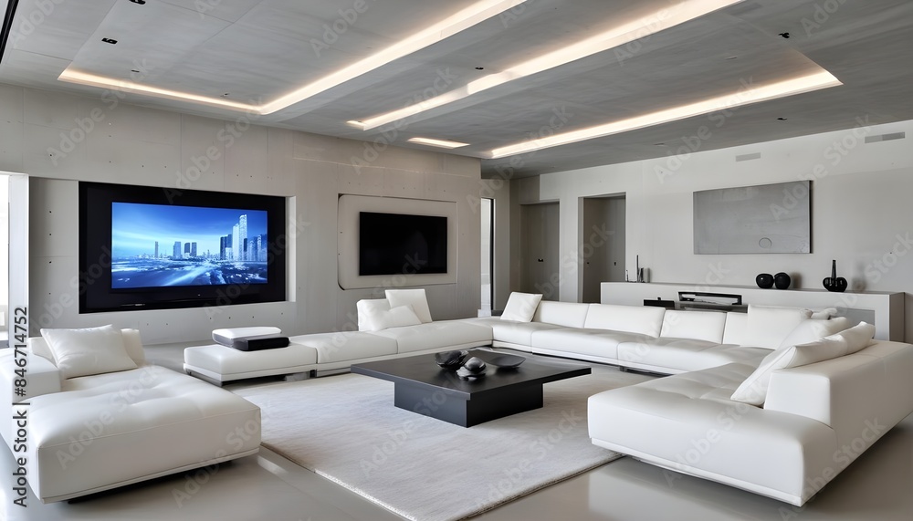 High end modern living room with white leather couch and a large flat screen tv mounted on the wall, brutalist architecture mixed with modern futuristic minimal design High end modern living room with white leather couch and a large flat screen tv mounted on the wall, brutalist architecture mixed with modern futuristic minimal design