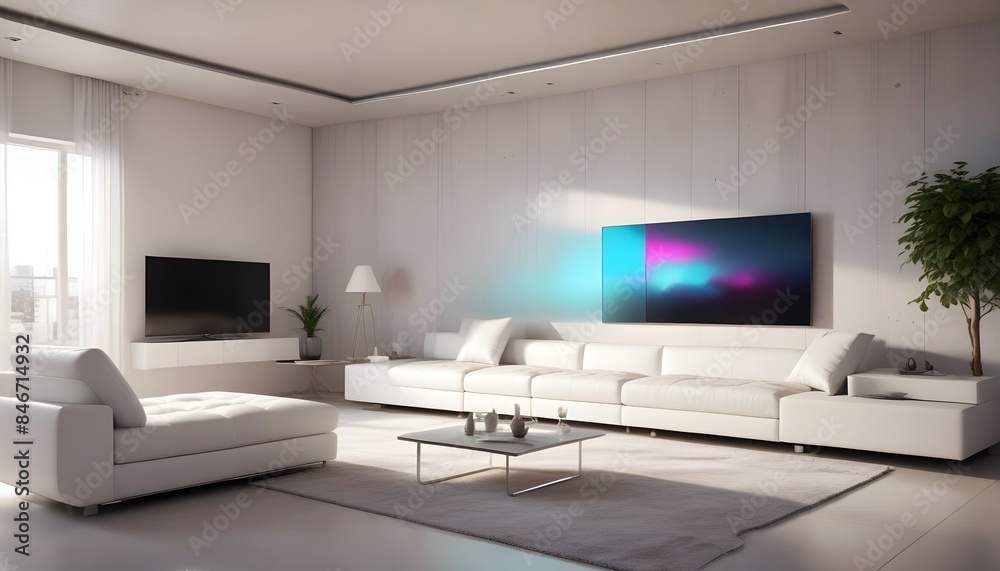 High end modern living room with white leather couch and a large flat screen tv mounted on the wall, brutalist architecture mixed with modern futuristic minimal design High end modern living room with white leather couch and a large flat screen tv mounted on the wall, brutalist architecture mixed with modern futuristic minimal design