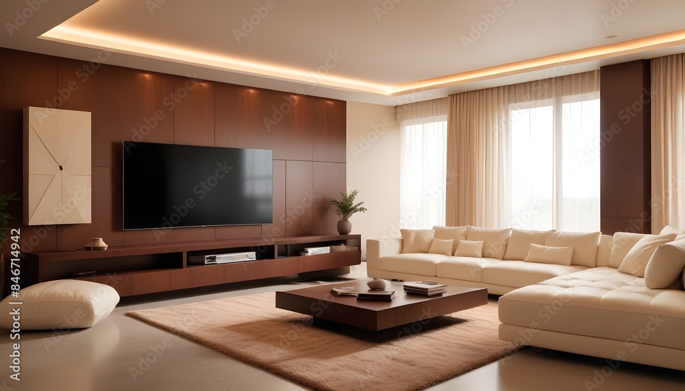 High end modern living room with white leather couch and a large flat screen tv mounted on the wall, brutalist architecture mixed with modern futuristic minimal design High end modern living room with white leather couch and a large flat screen tv mounted on the wall, brutalist architecture mixed with modern futuristic minimal design