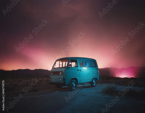 Un pulmino azzurro e sullo sfondo un cielo rosa