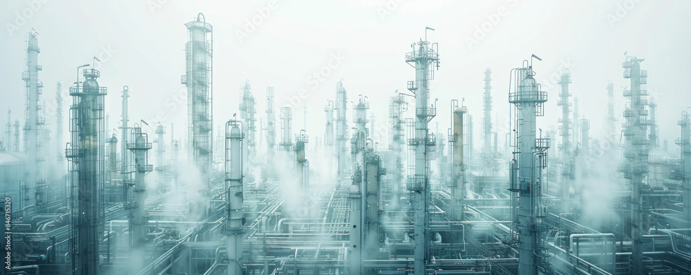 Obraz premium A city skyline with many tall buildings and a foggy atmosphere. The buildings are mostly made of metal and are very tall