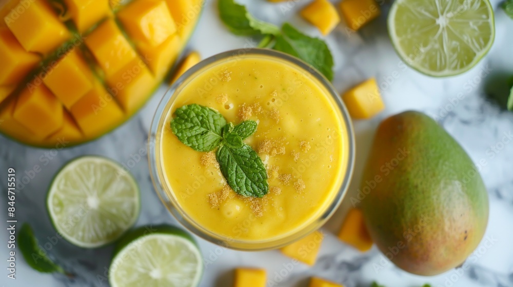 Delicious mango smoothie in glass jar on grey background with copy space. Refreshing summer drink Delicious mango smoothie in glass jar on grey background with copy space. Refreshing summer drink