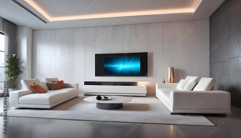 High end modern living room with white leather couch and a large flat screen tv mounted on the wall, brutalist architecture mixed with modern futuristic minimal design High end modern living room with white leather couch and a large flat screen tv mounted on the wall, brutalist architecture mixed with modern futuristic minimal design