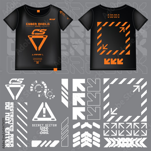 cyberpunk scifi gaming futuristic icon pattern  set collection template for fashion tshirt decoration decal, 2d illustration rendering vector element