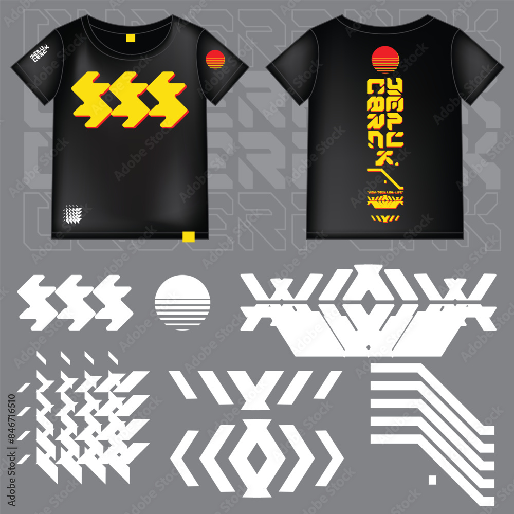 Obraz premium cyberpunk scifi gaming futuristic icon pattern set collection template for fashion tshirt decoration decal, 2d illustration rendering vector element