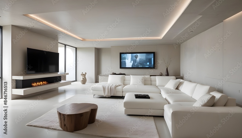 High end modern living room with white leather couch and a large flat screen tv mounted on the wall, brutalist architecture mixed with modern futuristic minimal design High end modern living room with white leather couch and a large flat screen tv mounted on the wall, brutalist architecture mixed with modern futuristic minimal design