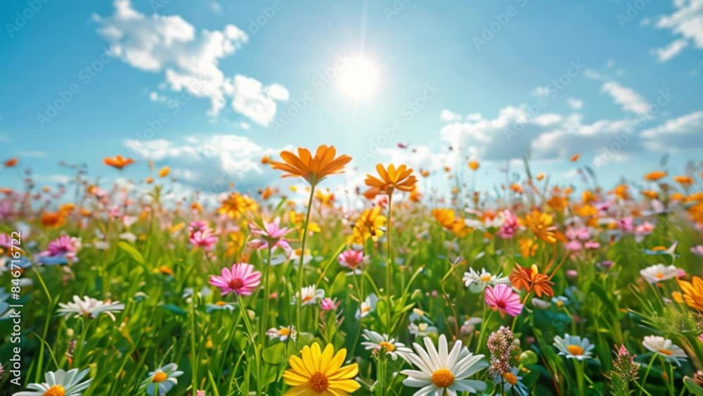 Vibrant flowers in various hues bloom across a field under a clear blue sky on a sunny day. Vibrant flowers in various hues bloom across a field under a clear blue sky on a sunny day.