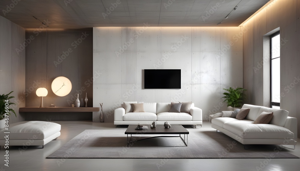 High end modern living room with white leather couch and a large flat screen tv mounted on the wall, brutalist architecture mixed with modern futuristic minimal design High end modern living room with white leather couch and a large flat screen tv mounted on the wall, brutalist architecture mixed with modern futuristic minimal design