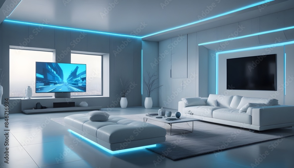High end modern living room with white leather couch and a large flat screen tv mounted on the wall, brutalist architecture mixed with modern futuristic minimal design High end modern living room with white leather couch and a large flat screen tv mounted on the wall, brutalist architecture mixed with modern futuristic minimal design