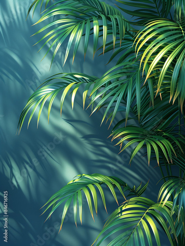 tropical palm tree leaf. plain transparent turquoise background. background banner for summer vacation and products