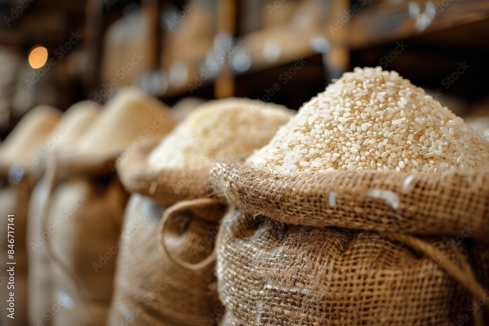 Obraz premium A pile of bags of rice are stacked on top of each other