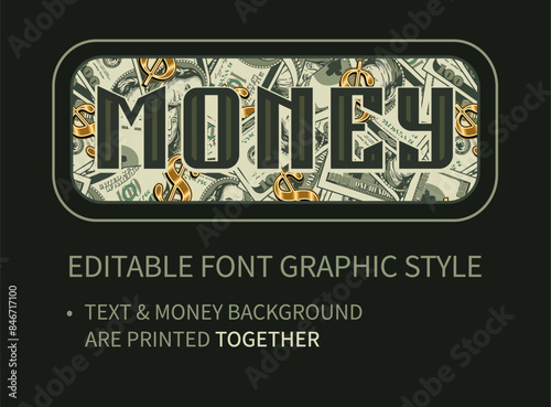 Editable text effect with money background. Letters on seamless pattern with 100 dollar bills, scattered golden dollar sign. Letter and backdrop are printed together. Retro typography graphic style