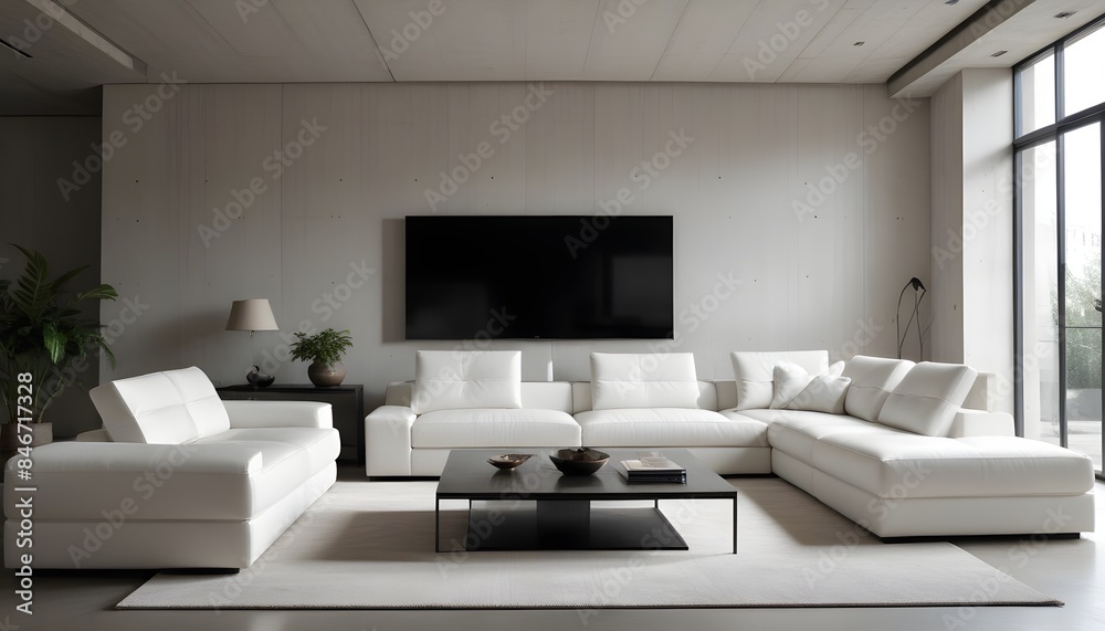 High end modern living room with white leather couch and a large flat screen tv mounted on the wall, brutalist architecture mixed with modern futuristic minimal design High end modern living room with white leather couch and a large flat screen tv mounted on the wall, brutalist architecture mixed with modern futuristic minimal design