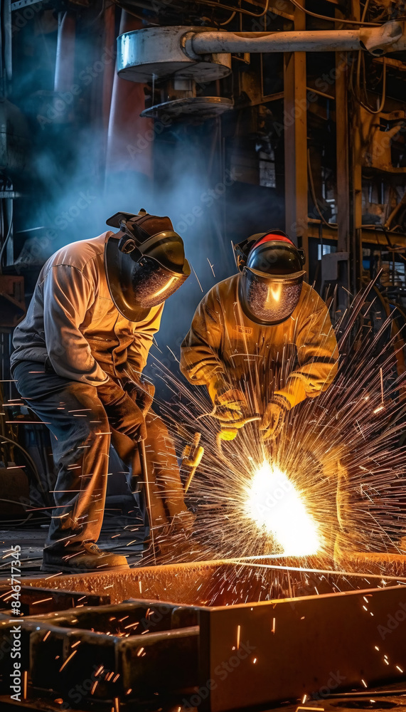 Industrial workers wearing protective masks weld, ensuring safety and precision in heavy industry environments. Industrial workers wearing protective masks weld, ensuring safety and precision in heavy industry environments.