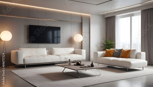 High end modern living room with white leather couch and a large flat screen tv mounted on the wall, brutalist architecture mixed with modern futuristic minimal design