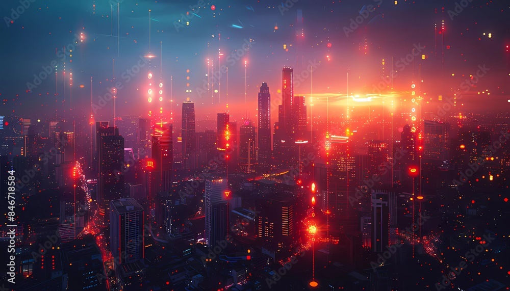 Obraz premium Predictive Analytics Landscape, A futuristic cityscape overlaid with predictive analytics graphs and charts,